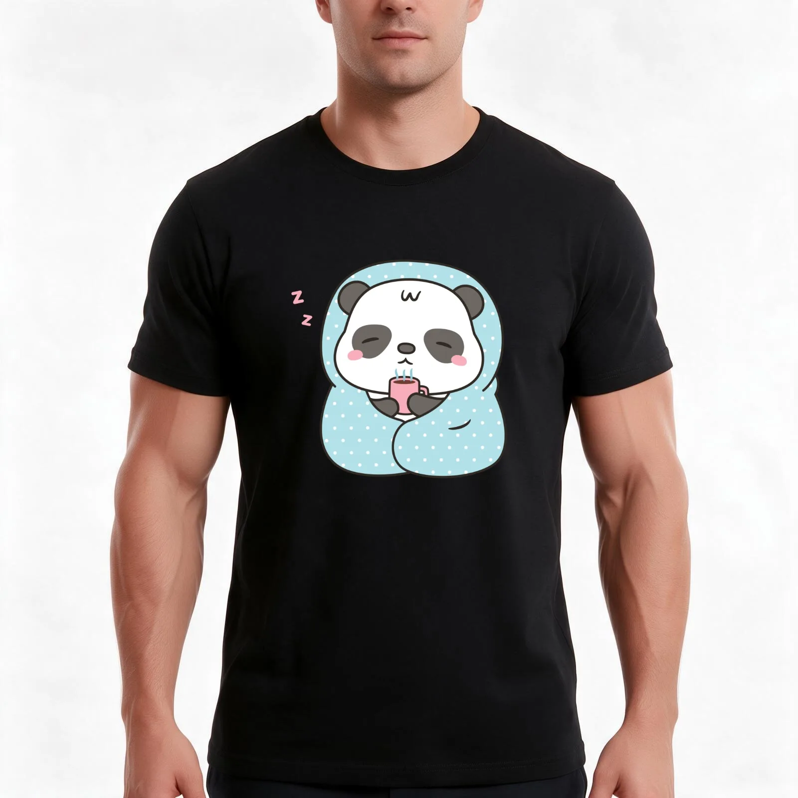 Cute Sleepy Little Panda With Coffee and Blanket T-Shirt, Summer Casual Cotton Tee, Oversized Streetwear Tops, Unisex Men Women