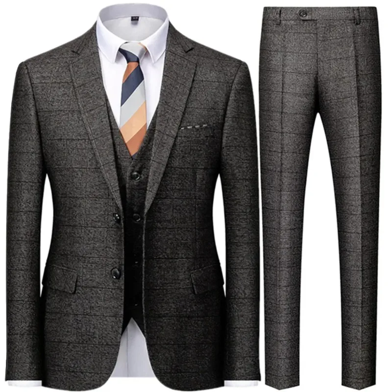 

2024 Fashion New Men's Casual Business British Checkered Stripe Suit Coat, Pants and Tank Top Three Piece Set