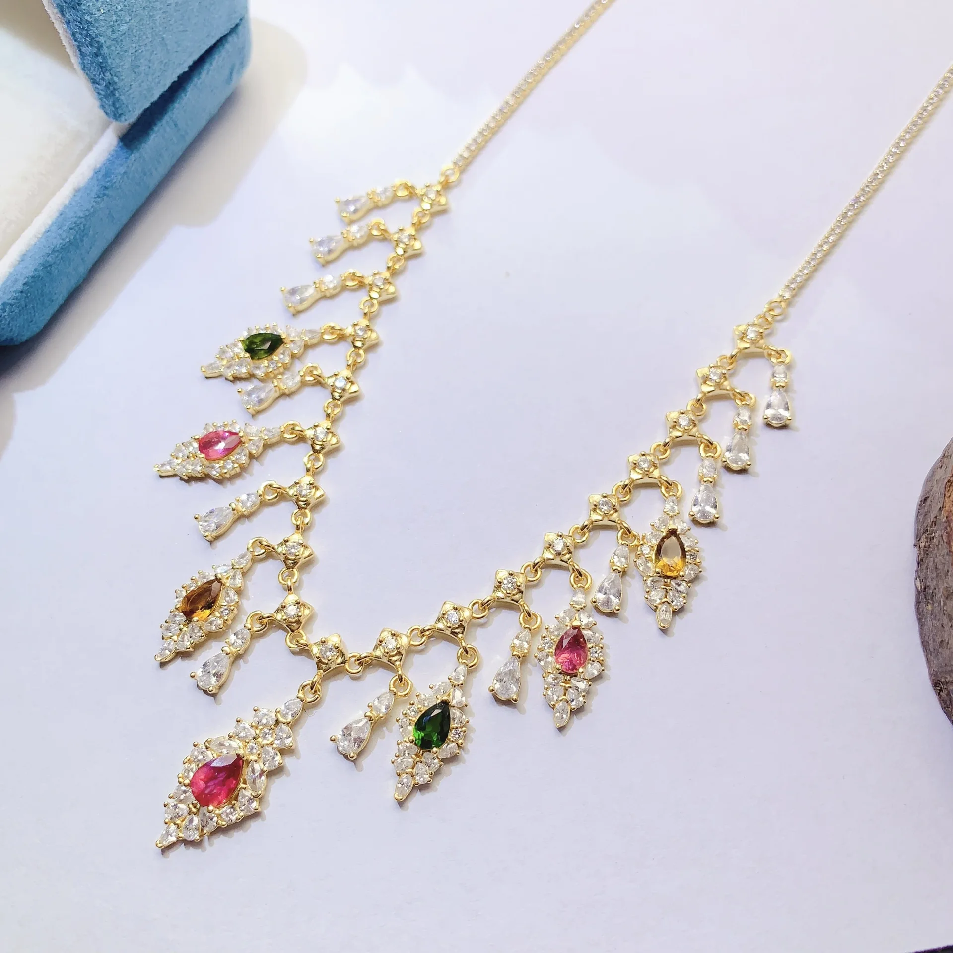 Natural Multi-Color Tourmaline Tassel Necklace 4x6mm & 5x7mm Pear Cut S925 Silver Gold Plated with CZ Accents