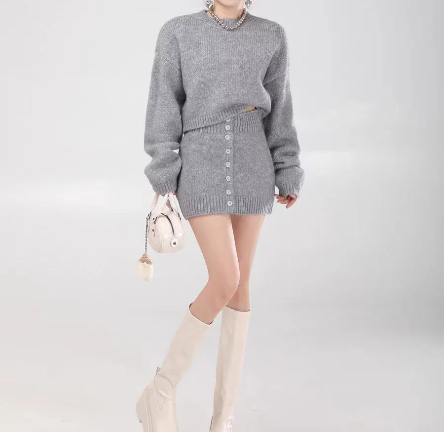 Women Fashion Sweater Skirt Suit Female O-neck Long Sleeve Pullovers+Single Buttons Knitted Bodycon Skirts Casual Sweater Sets