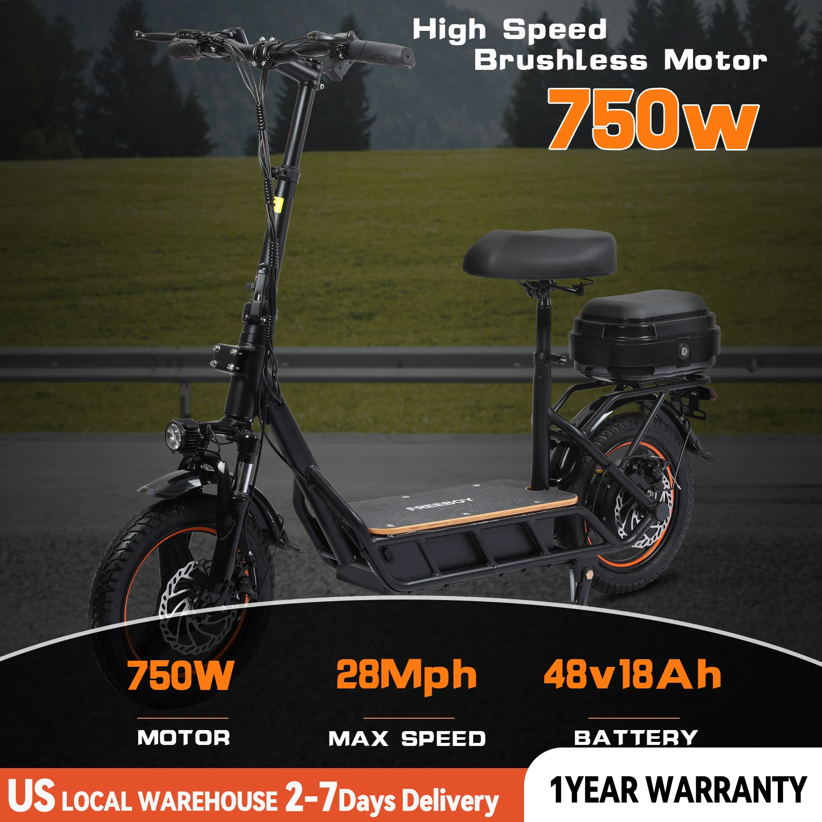 

Freeboy H14 Adult Electric Scooter with Seat 750W 48V 18Ah 14' Tires for City Commuter US Warehouse Free Shipping