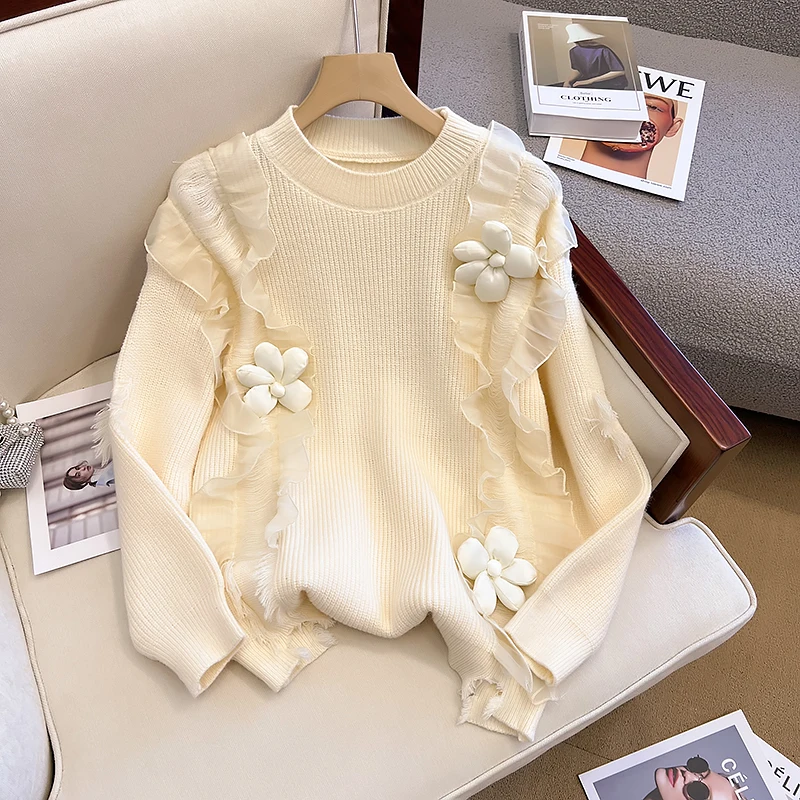 New Autumn Winter Three-Dimensionel Flower Merh Ruffles Knitted Sweaters Women's O Neck Knitted Hole Tassel Loose Thick Pullover