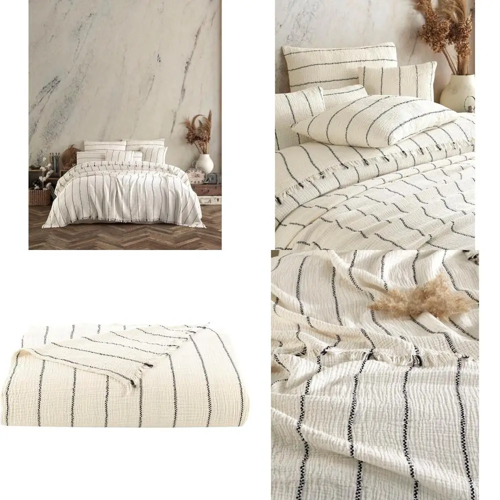 

Cotton Gauze Lightweight 4-Layer Muslin Throw Blanket, Breathable Bed Cover, Beige and Black Striped Coverlet