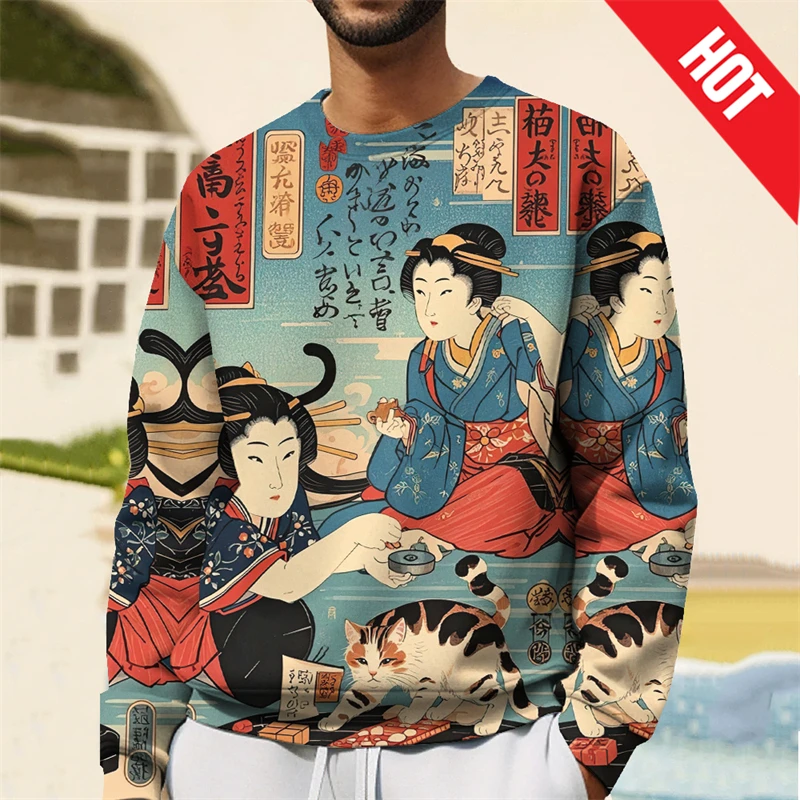 Japanese Y2k Sweater For Men Hatless Sweatshirt Ukiyoe Graphic Tops 3D Printed Pullovers Men's Clothing Tops Women Sweatshirt