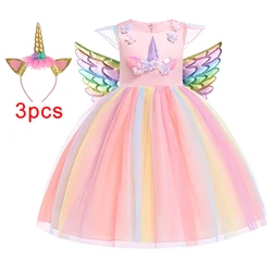 Girl Unicorn Cosplay Party Dress Rainbow Tutu Gown Kids Floral Summer Dresses Girls Birthday Tulle Clothes Children New Costumes