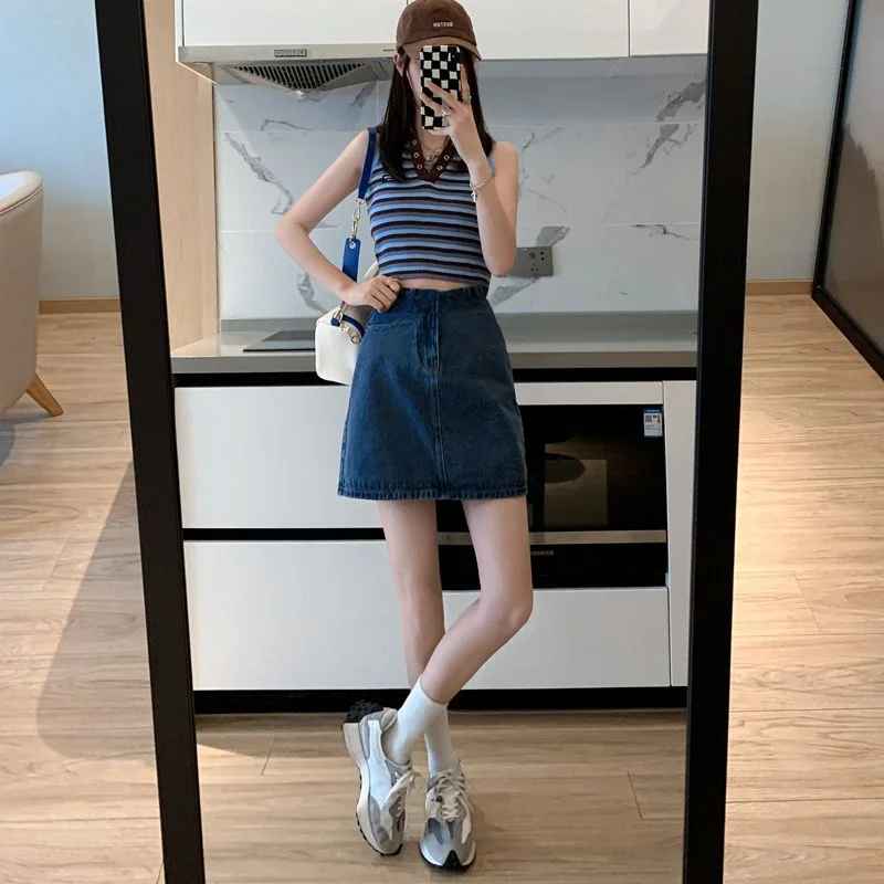 

High Waist Denim Skirt Women's A-Line Versatile Slimming plus Size Wrap Spring Summer New Sle Casual Pure Color