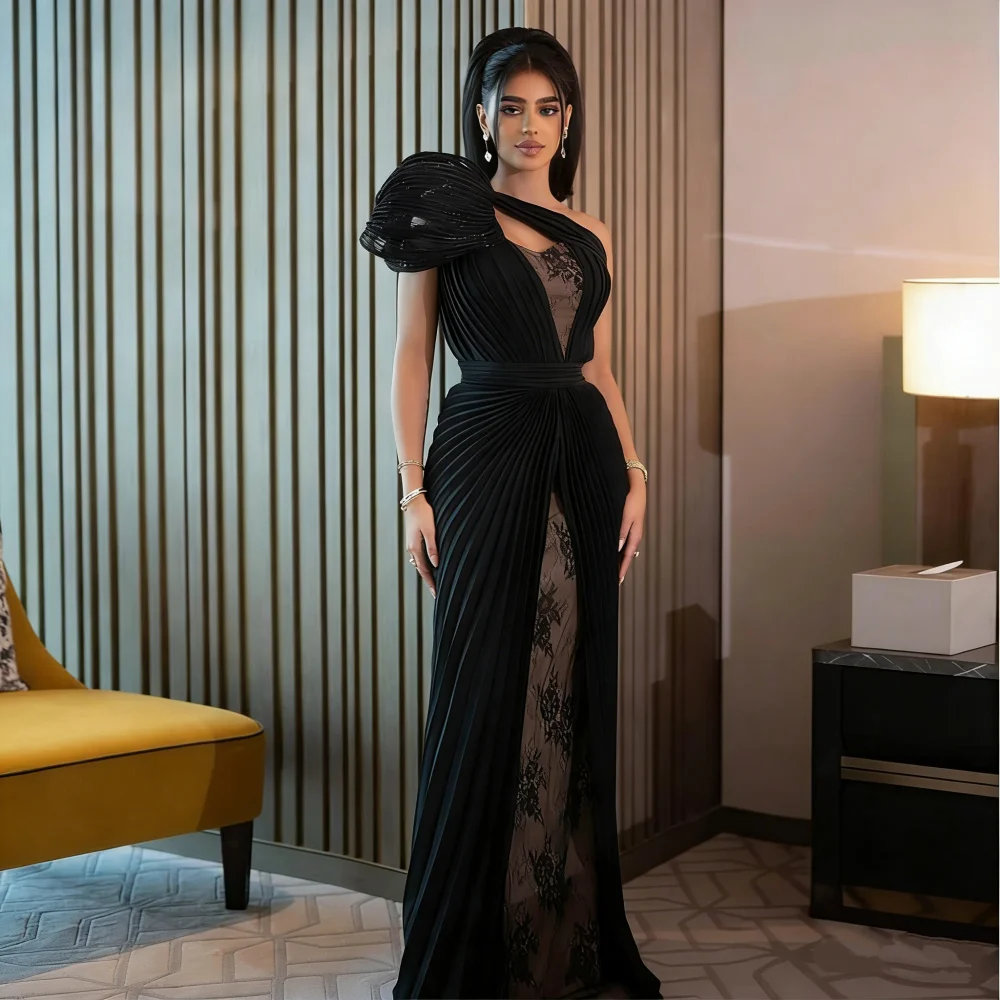 

Elegant Lace Black One Shoulder Mermaid Evening Dress Pleat Formal Long Dress Customized Wedding Guests Ball Dress
