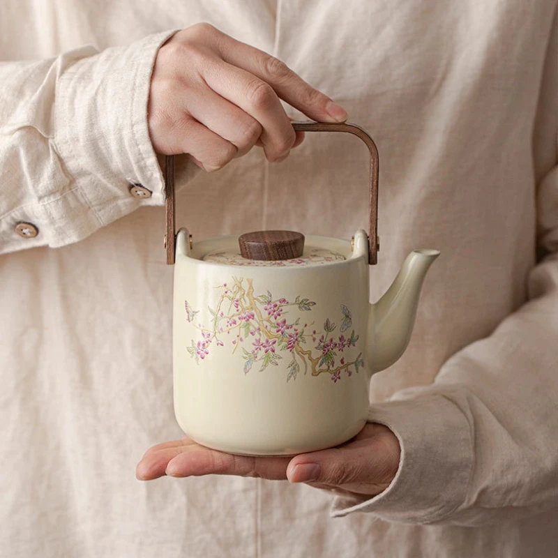 Tetera de flores de glicina con horno Ru Beige, tetera de cerámica de estilo chino Kung Fu, tetera de gran capacidad para uso doméstico