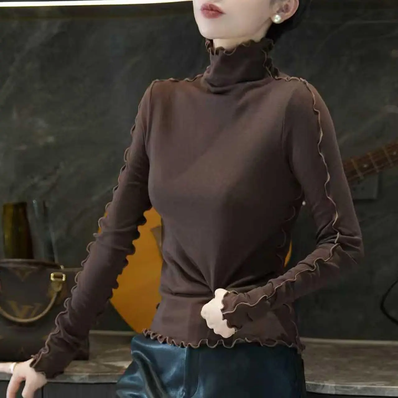 

Женская футболка размера плюс с высоким воротником Thiened Slim Fit Long Sve, топ, осень-зима, модный бот irt Wood ain