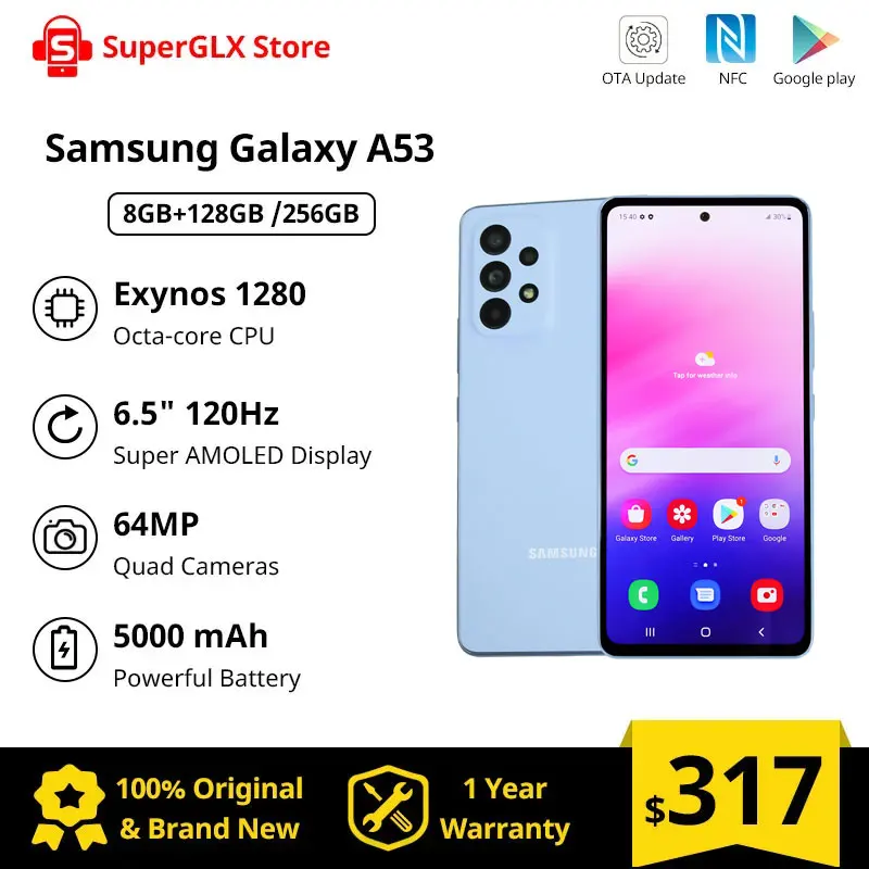 

Samsung Galaxy A53 смартфон с восьмиядерным процессором, Android 1280, 120 Гц