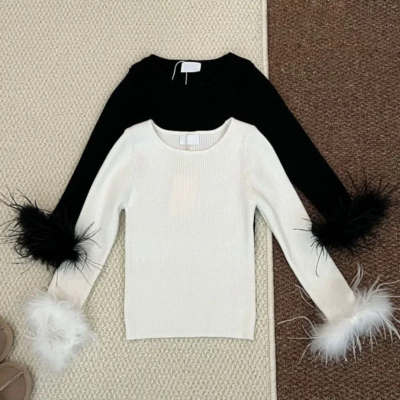 Spring and Autumn Kids Clothes Baby Girls Long Sleeve T-shirts Fashion Solid Color Base with Fringe Fur Sleeves Princess T-shirt