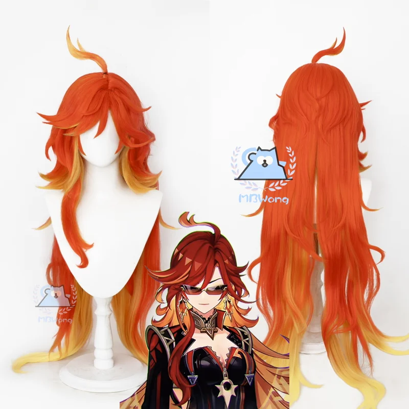 

Game Genshin Impact Mavuika Cosplay Wig Red Gradient Color Curly Wig Hair Slices Heat-resistant Fiber Hair Halloween Party Props