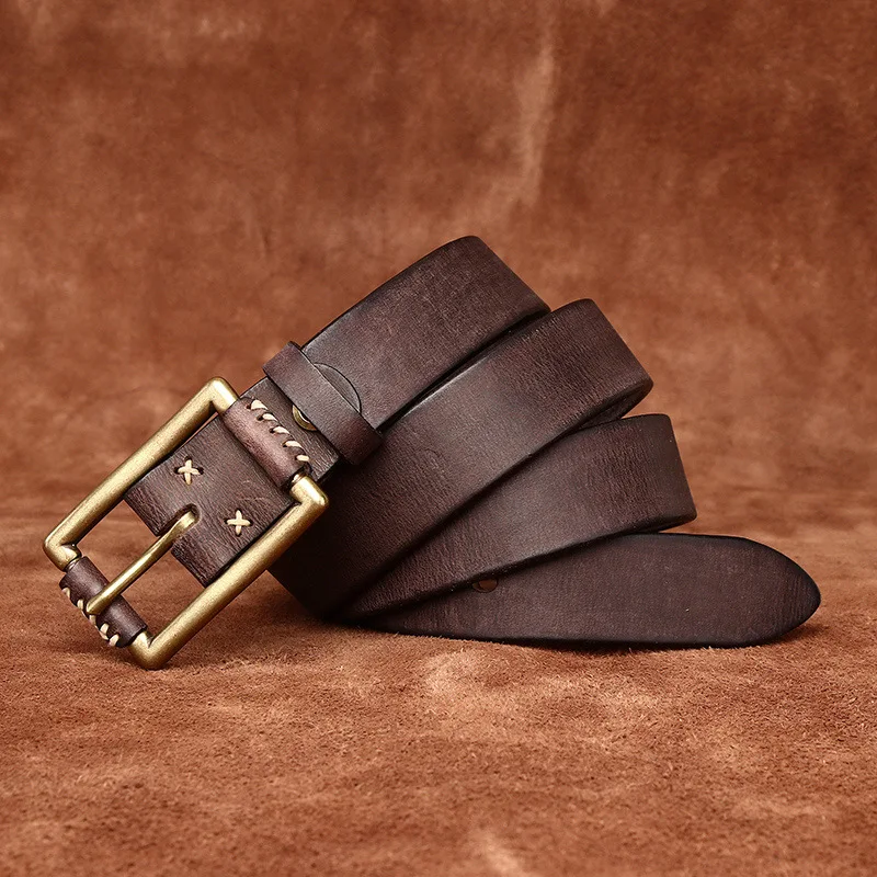 Cowhide Copper Pin Buckle Real Genuine Leather Belt For Jeans Fashion Casual Belt Men Waistband Retro Luxury Male Strap