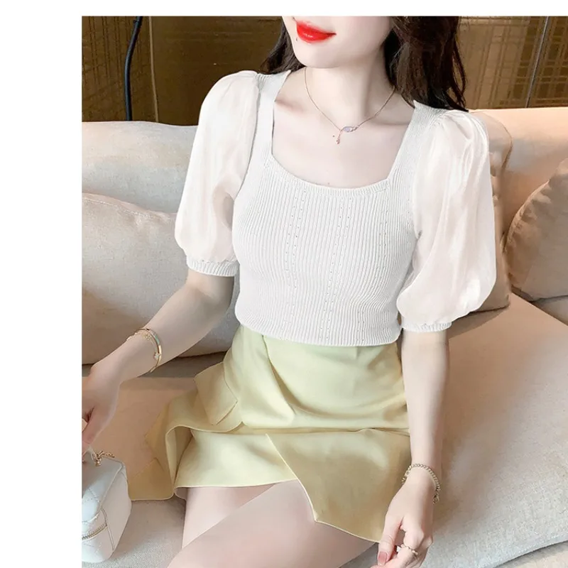 2024 Summer New Chic French Pullover Square Neck Panel Pearlescent Bubble Sleeve Top Slim Fit and Thin Knitted Short Sleeve Tops