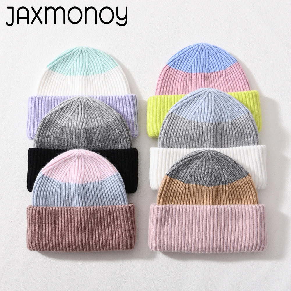 

Jaxmonoy Beanie Hat Winter Thicken Warm Beanies Double Folded Wool Blend Hats Autumn Three Colors Knitted Skullies Bonnet Female