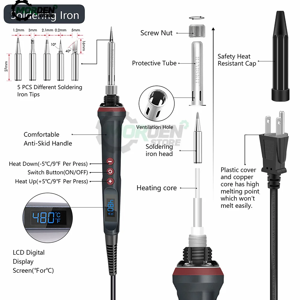 

Digital Electric Soldering Iron Kit Set Temperature Adjustable 110V/220V Ceramic Heater Welding Solder With 4 Tip Repair Tool