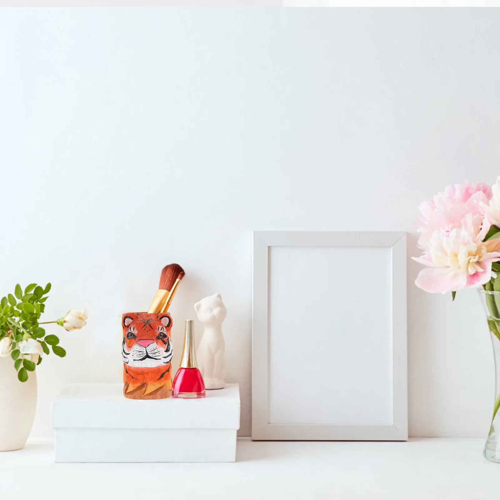 

Tiger Design Wooden Pen Holder Desktop Organizer Pencil Brush Holder Office School Desk Stationery Storage