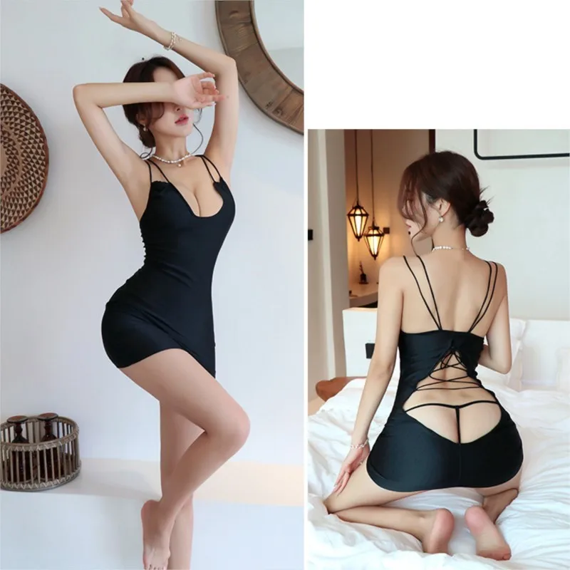 Summer sexy backless Dress Set deep V-belt pleated buttocks skirt uniform temptation nightclub secretary outfit evening Dresses