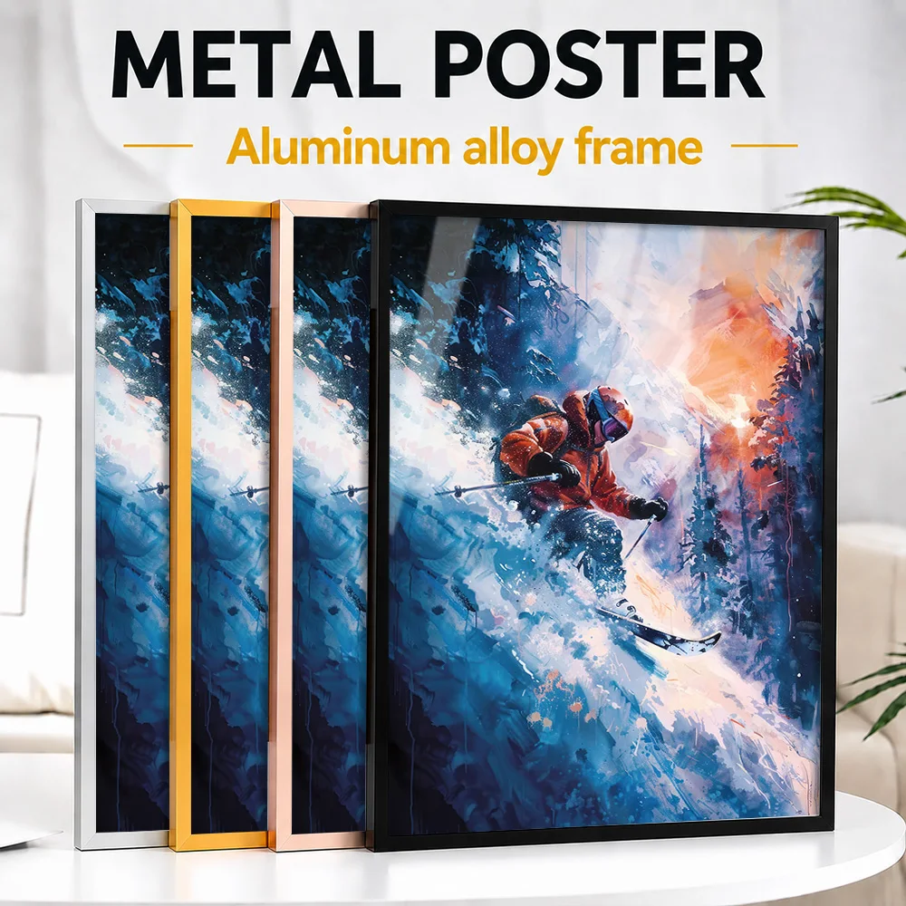 Skier Blue Powder Descent Framed Aluminum Metal Poster Personalized Painting Style Wall Art For Ski Lodge And Mountain Cabin