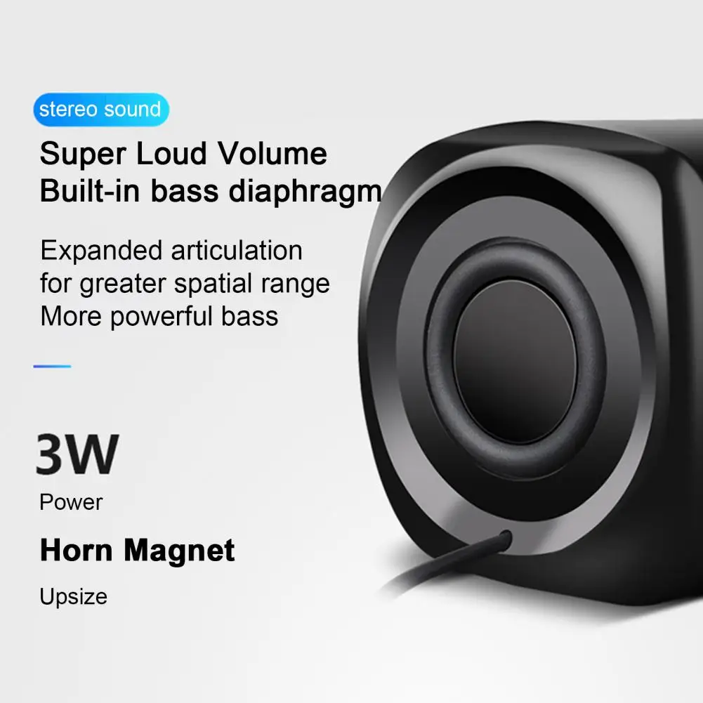 Portable USB Powered Computer Speaker, Par com graves profundos, Mini Wired Sound Box, Subwoofer para Laptop, Desktop, PC