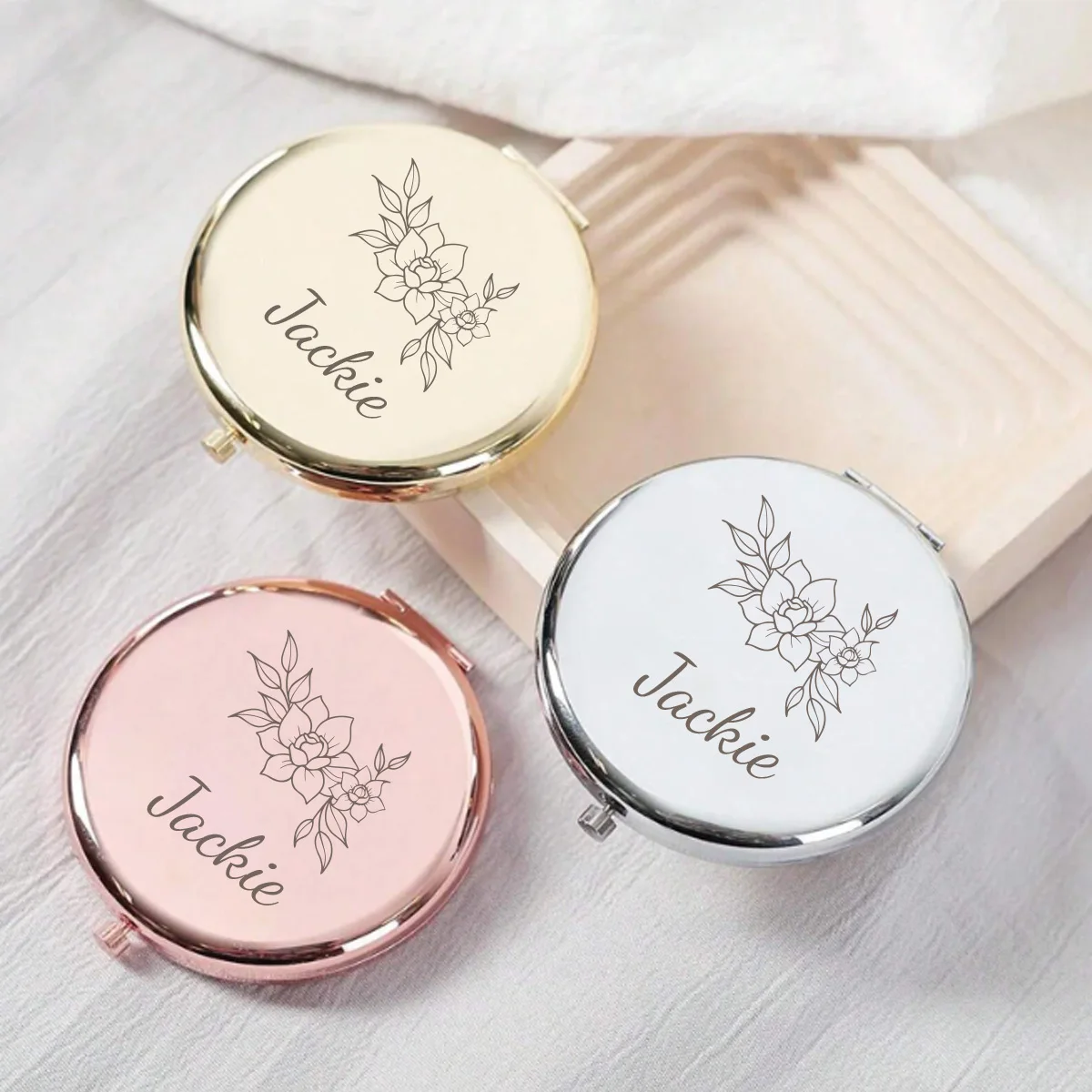 1pc Colorful  Beautiful flowers Personalized Text Mirror With Name Makeup Mirror Folding Mirror Wedding Guest Gifts