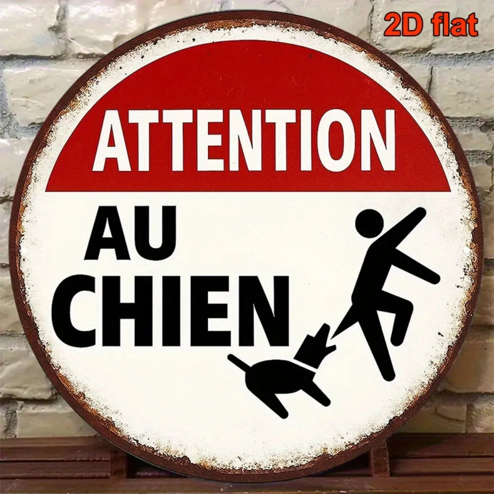 2D-Metallschild, Vintage Französisches „Vorsicht Hund“-Schild, Französische Warnschild für Hoftor, Garten, Garage, Café, 1 Stück Metall-Wandkunst