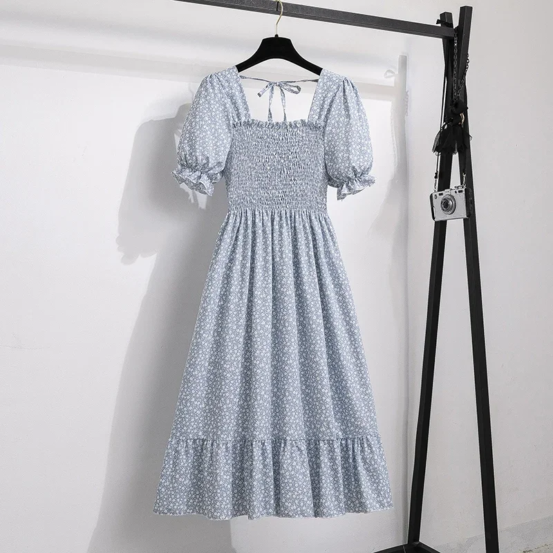 Vestido de gasa de primavera verano, moda femenina, cintura elástica, manga corta, plisado, casual para mujer, vestido en línea A 4