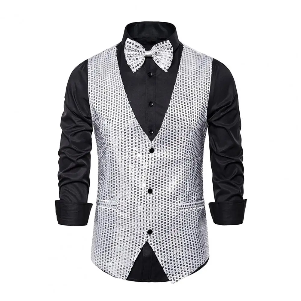 

Retro Men Vest Bow Tie Set Shiny Sequin V Neck Single-breasted Sleeveless Waistcoat Disco Groom Wedding Party