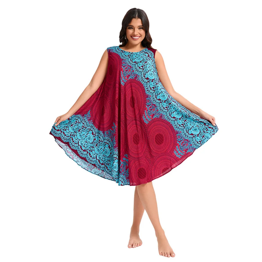 Newest Boho Women Sleeveless Dresses Beach Summer Round Collar Bohemian Floral Print Holiday Loose Soft Classical Rayon Dress