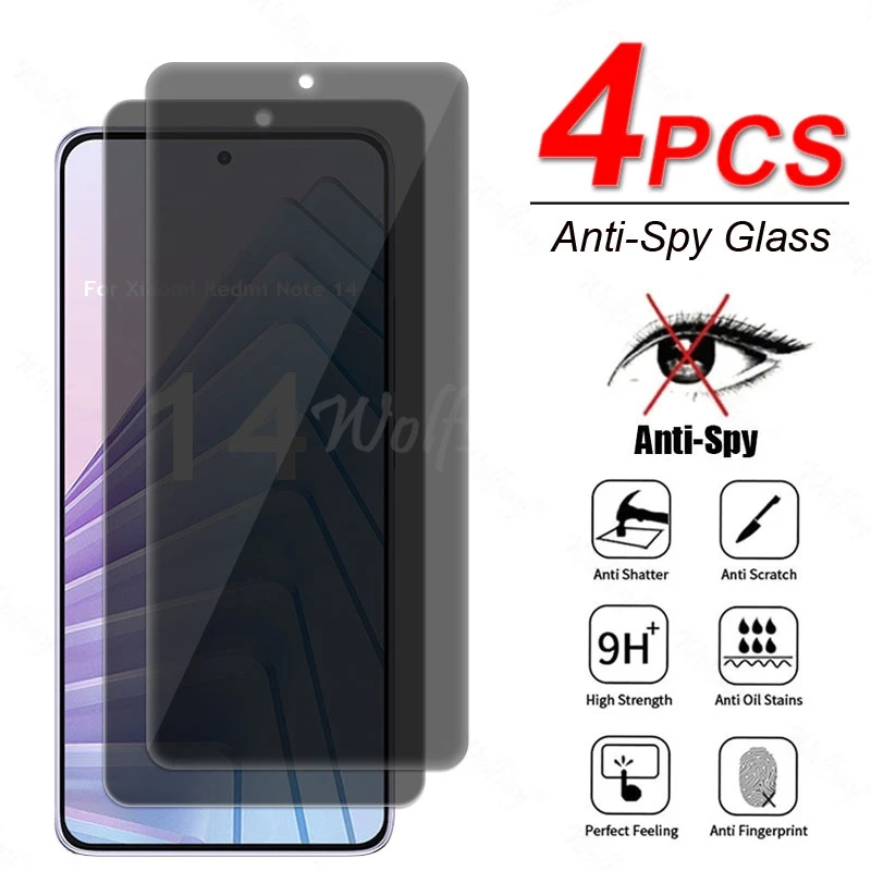 

4 Pcs Anti Spy Screen Protector Glass For Xiaomi Redmi Note 14 5G Glass Privacy Peep Tempered Film Redmi Note 14 Tempered Glass