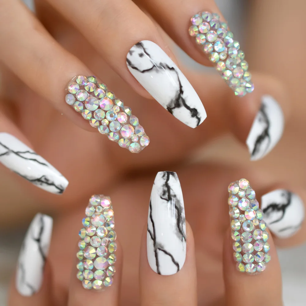 AB Crystal Strass Press On Nails Extra Long White Marble Style Coffin Diamond Predesigned ABS Material Tips 28