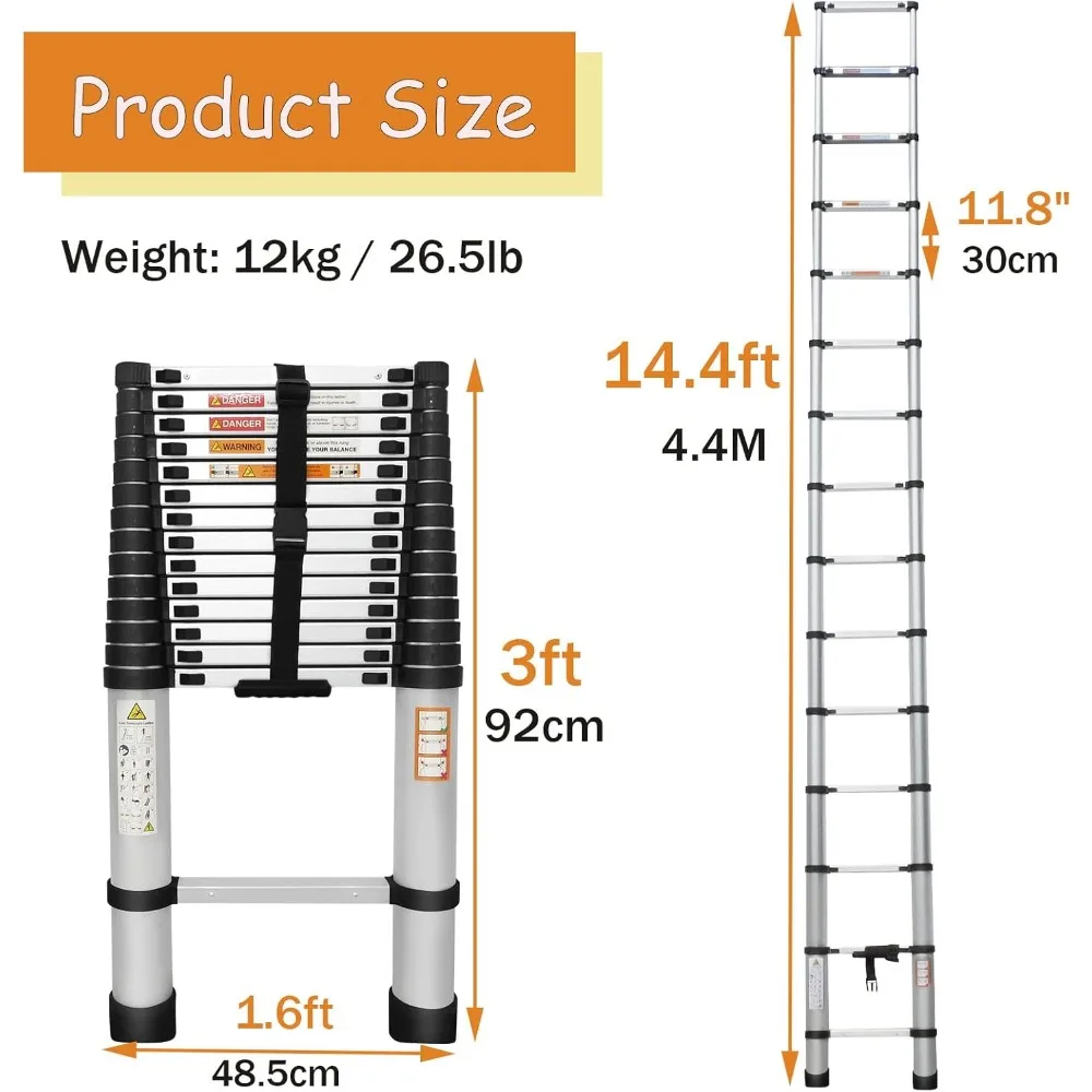 سلم تصغير من الألومنيوم بطول 14.4 قدم مع خطافات قابلة للإزالة، ارتفاع قابل للتعديل، معتمد من EN131، سعة تحميل 330 رطل، قابل للطي محمول #2