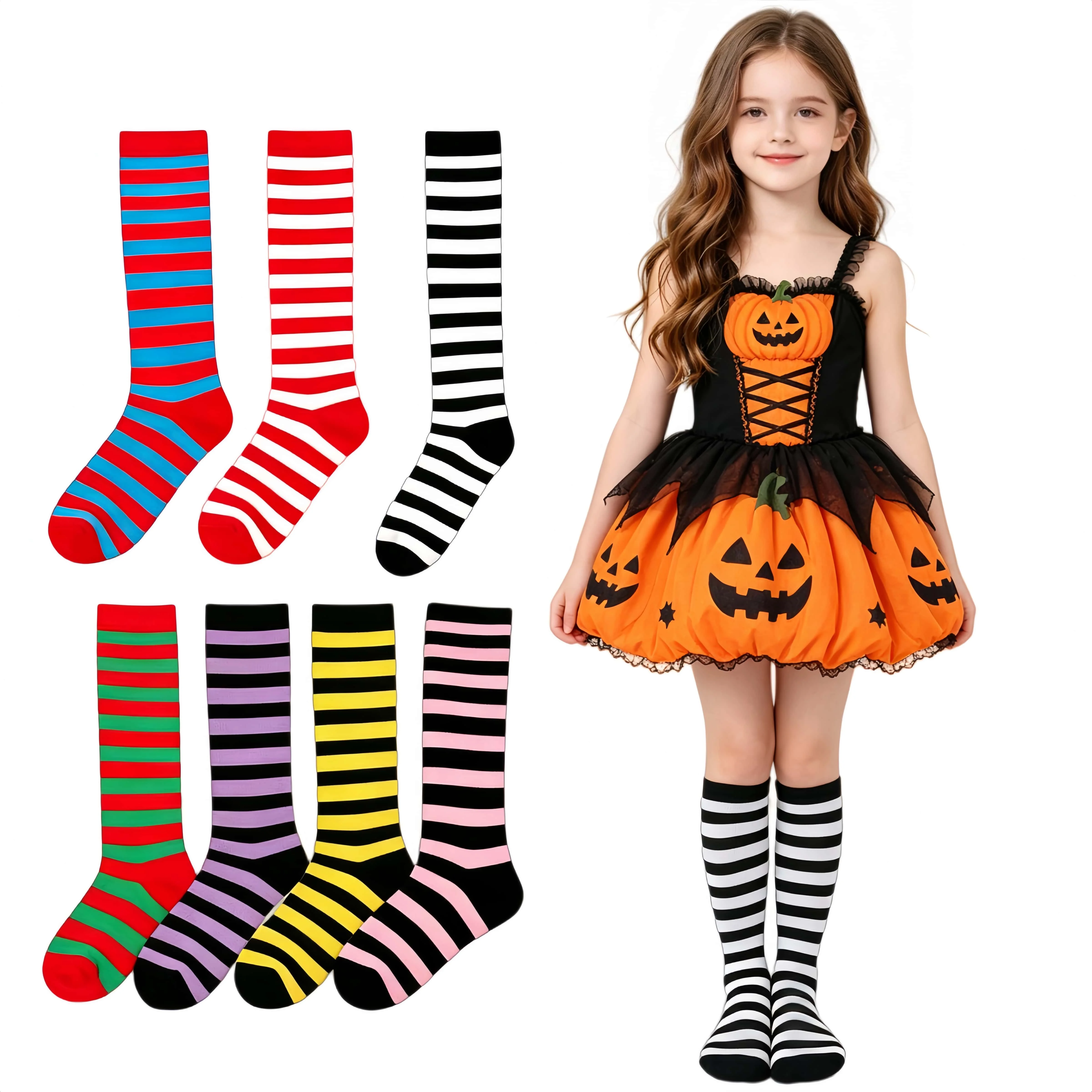 Kids Knee High Socks Cotton Halloween Colorful Zebra Stripes Long Tube Clown Striped Knee Socks Boys Girls Dopamine Xmas