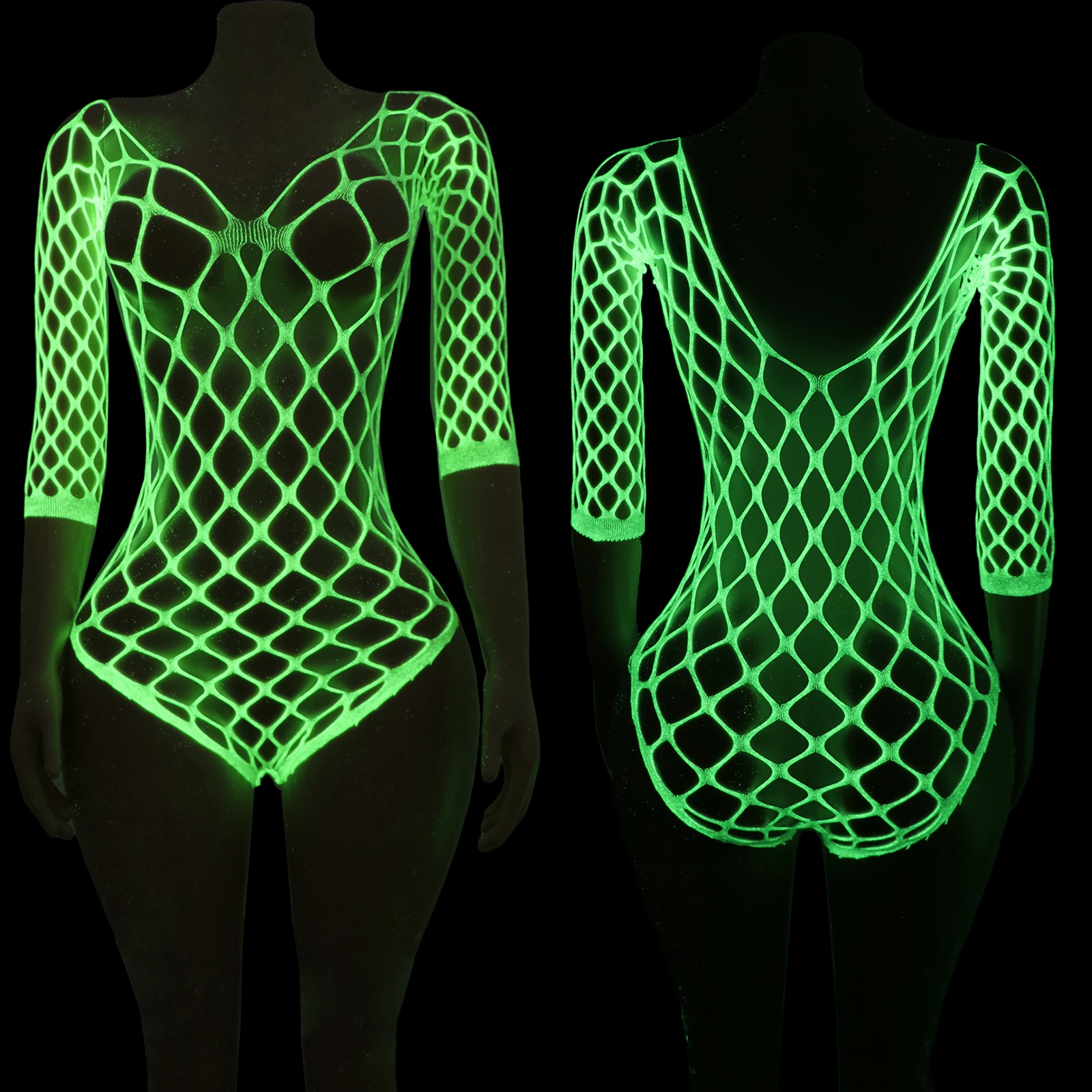 Luminous Fluorescent Fishnet Bodysuit with Sleeves, Perfect for Bar Performances and Nightclub Wear, Sexy and Bold Dancewear