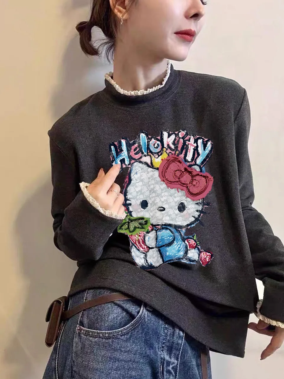 

plus Size 300 Pou Lace Collar Cartoon KT Print Long Sve T-irt Women's Autumn Winter Thi Velvet f High Collar...