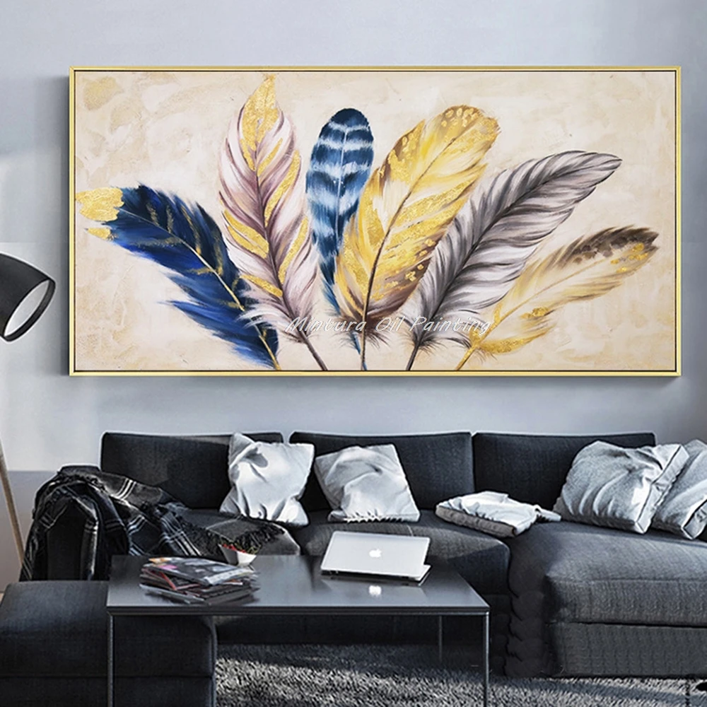 Mintura,Handpainted Abstract Golden Beautiful Feather Oil Paintings Canvas Large Poster Modern Home Decoration Wall Art Pictures