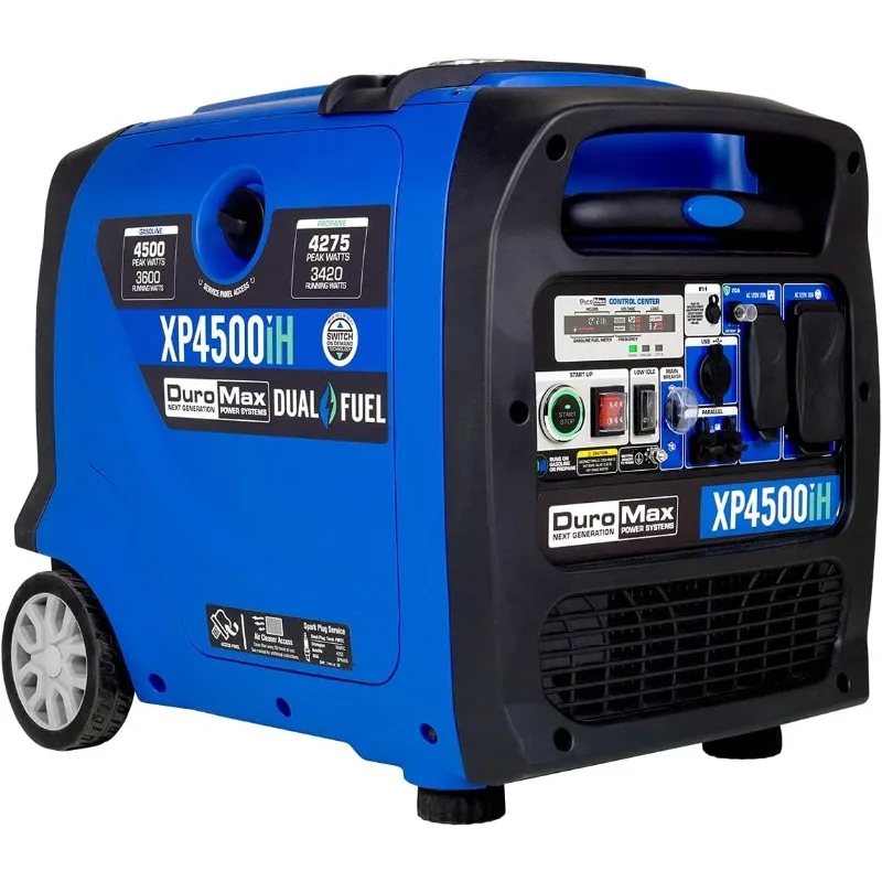 

DuroMax XP4500iH 4500-Watt 223cc Dual Fuel Digital Inverter Hybrid Portable Generator, Black/Blue