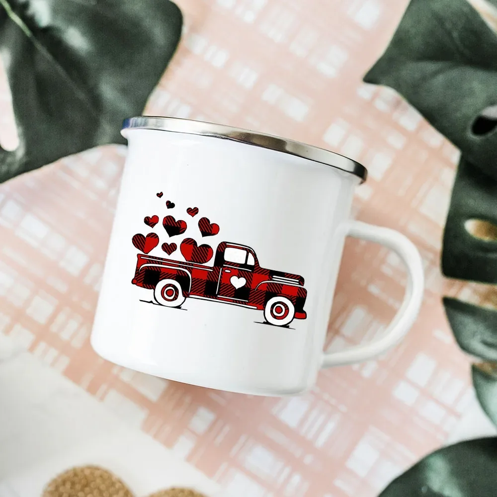 Cartoon Red Truck Love Heart Enamel Mugs Couples Breakfast Milk Oat Cocoa Cups Friend Party Beer Drink Mug Valentine's Day Gifts