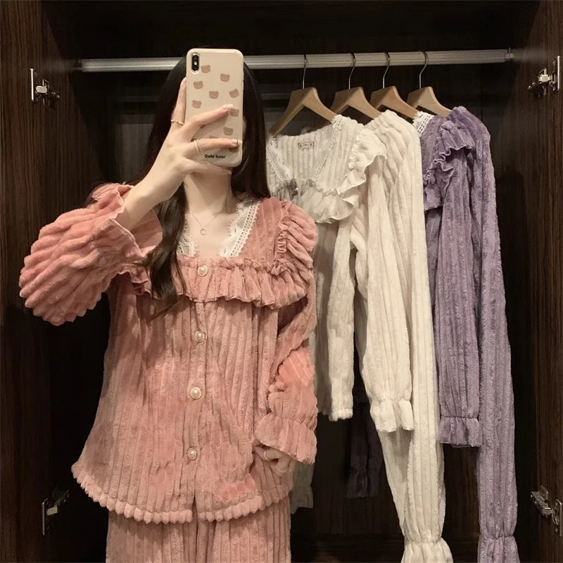 

Korean Princess Style Purple Sweet Lace Pajamas Warm Flannel Long-sleeved Soft Suit Classy Striped Loungewear Women Nightwear