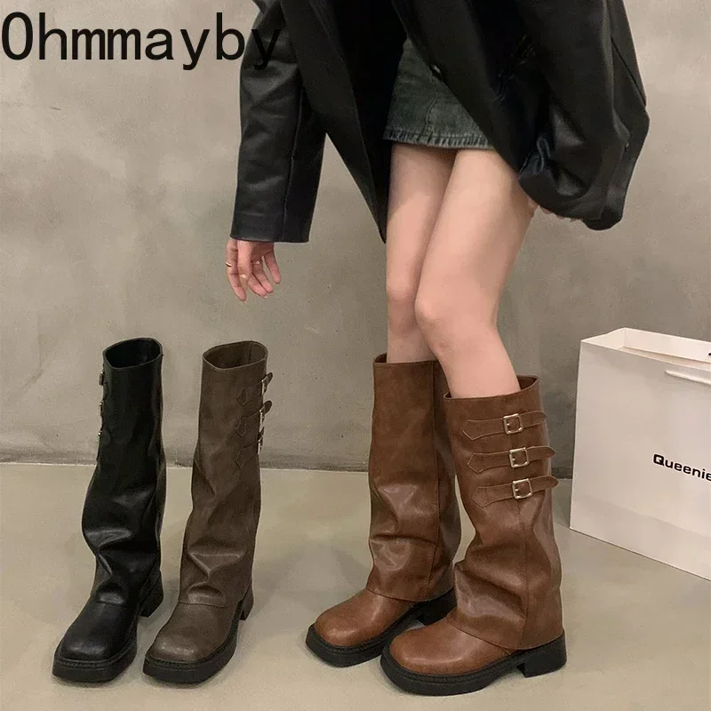 2024 Winter Cowboy Boots For Women Fashion Belt Buckle Long Boots Female Elegant Square Heel Women\'s Knight Bootties