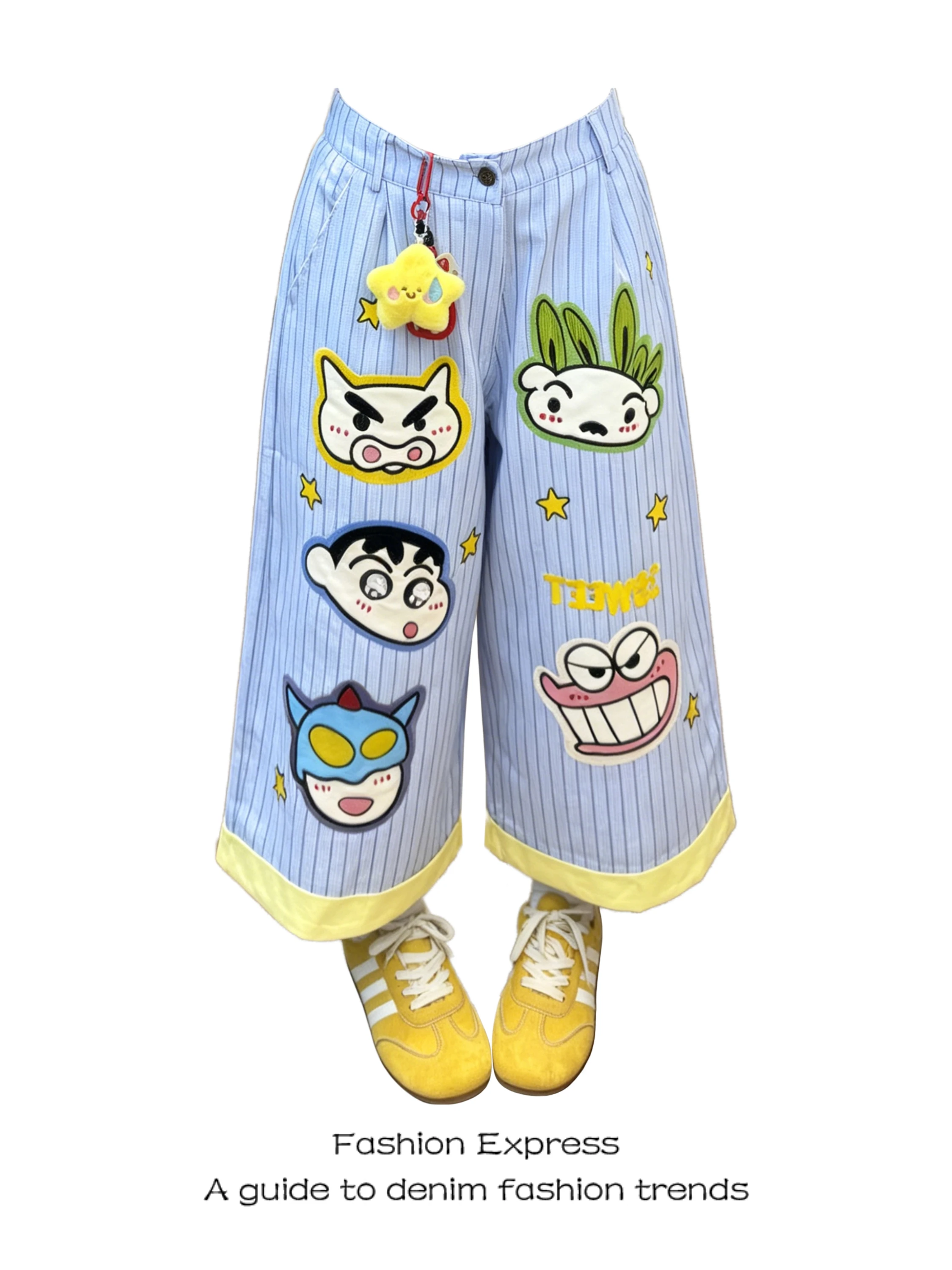 

Cute Striped Thin Wide Leg Short Pants Women's Summer New Blue Cartoon Embroidery Design Casual High Waist Denim Pants
