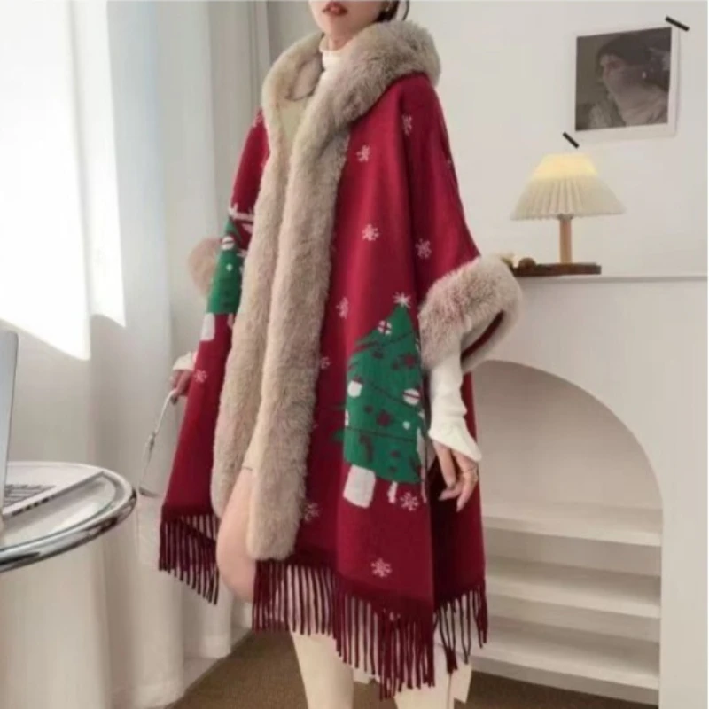 

Утолщенная рождественская накидка, шаль, красная теплая шаль, трансграничная новая европейская и американская накидка, праздничная одежда, темперамент, поездки на работу