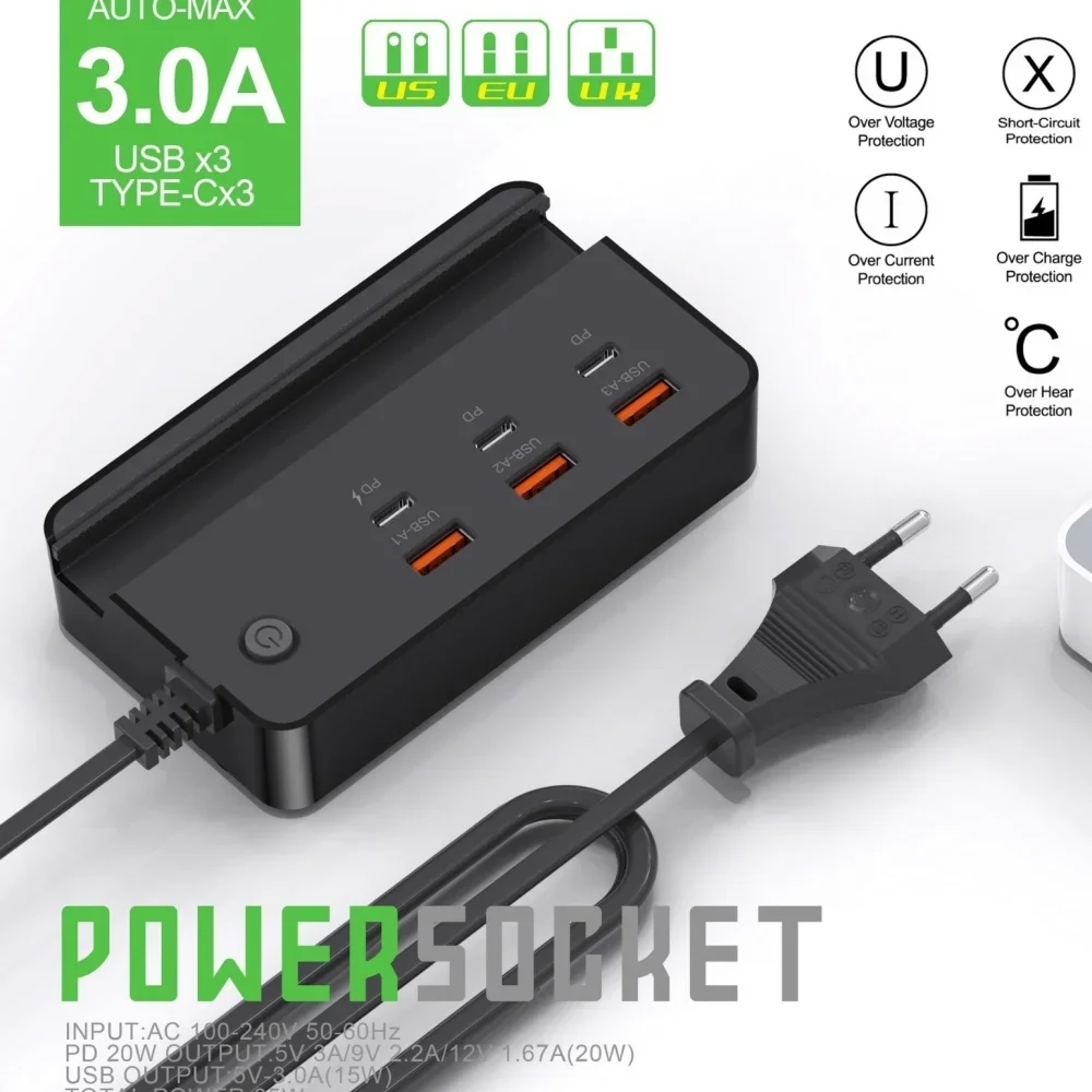 35W Multi Ports USB Power Adapter USB Multiple Expander Switch Docking Stations with Phone Holder For iPhone 16 15 Xiaomi Huawei