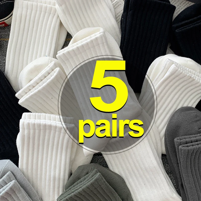 1/5pairsCotton Men's Socks Mid Tube Autumn Winter Knitted Warm Cold-proof Stocking Black and White Gray Simple Indoor Floor Sox