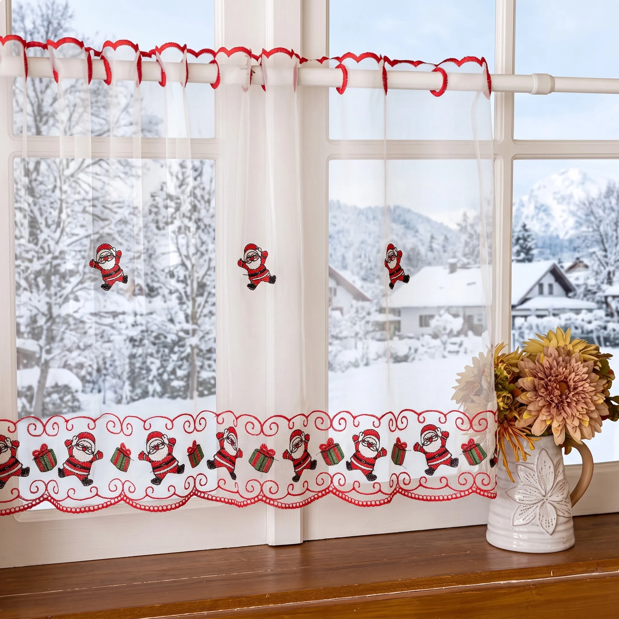 1PC Christmas embroidered window curtain,Santa Claus and gift pattern,semi transparent gauze curtain,Christmas window decoration
