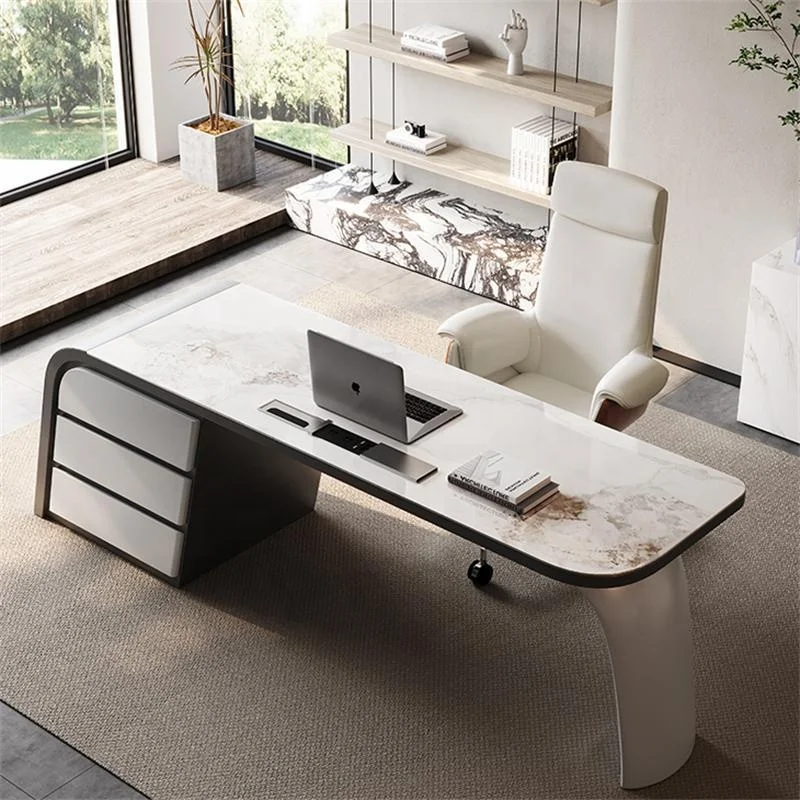 

//Luxury Sintered Stone Office Executive Desk Special-shaped Home Office Table Modern Boss Table With Drawer Furniture