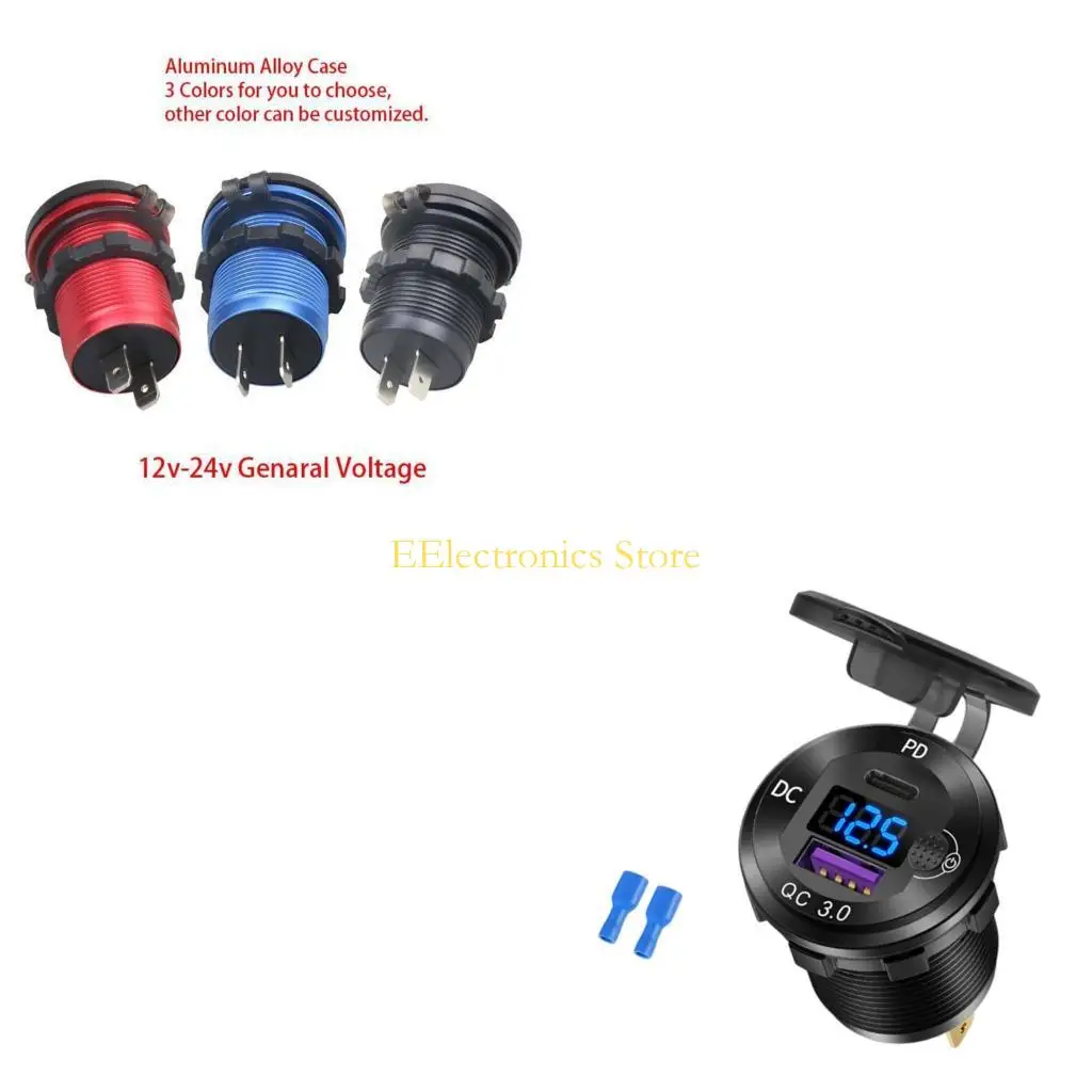 B03C 12V-24V USB Charging Outlet for Car Interior, C and A Outputs, Digital Power Readout, Recessed Mount Module for Truck Use