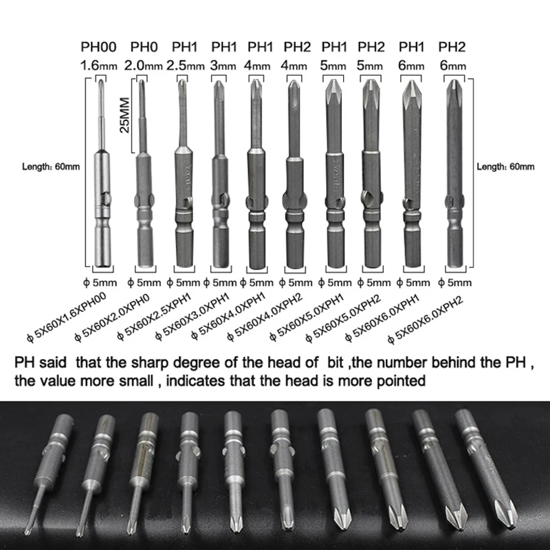 5mm Shank Diameter Magnetic Screwdriver Bits for 801 Electronic Screwdriver S2 Material 60/80/100mm Length 5x60x1.6xPH0/PH1/PH2