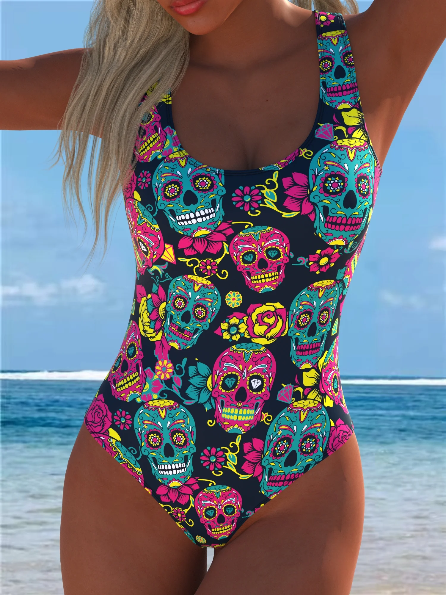 Maiô de uma peça com estampa aleatória feminina de tecido elástico alto da moda, roupa de banho de praia