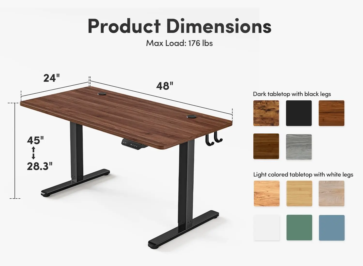 Electric standing office desk, 48 x 24 inch high adjustable computer desk, black walnut wood